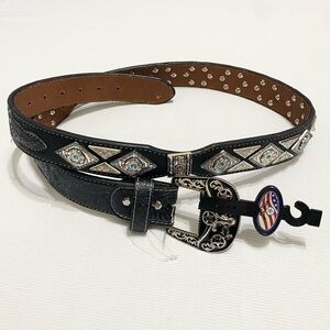 West Star Texas Men’s Western Black Tooled Leather Silver Concho Belt XXL